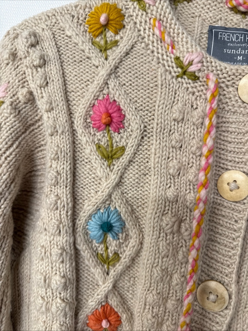 French Knot x Sundance Heritage Blooms Cardigan Wool Sz M Nepal Bubble Knit - Picture 3 of 12